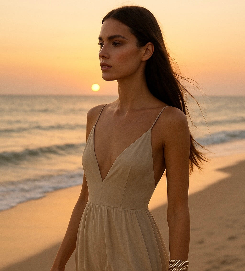 Woman in a beige dress standing on a beach at sunset wearing the chamira bracelet