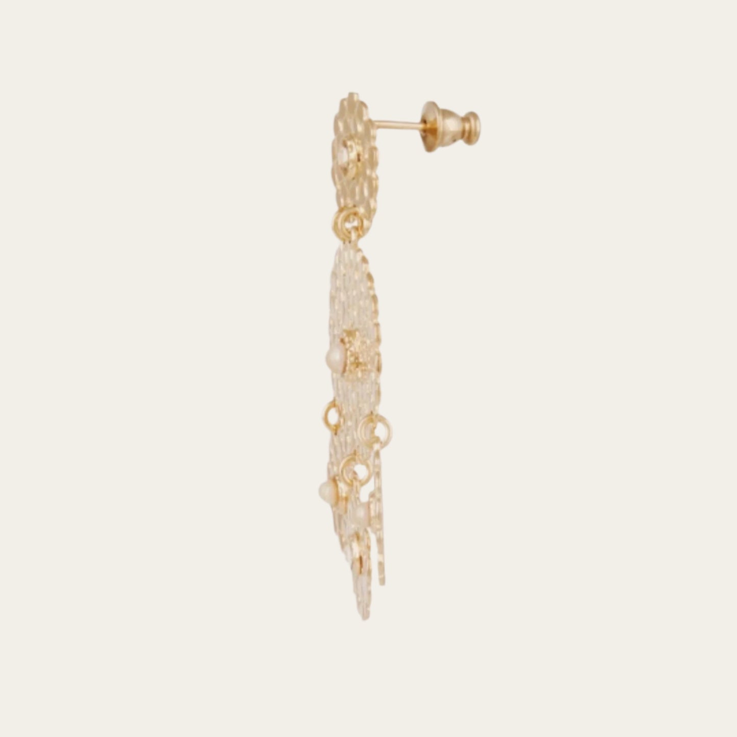 With a length of 5.5cms and a width of 3.5cms, these earrings are gold plated with mother of pearl strass - side view of earring