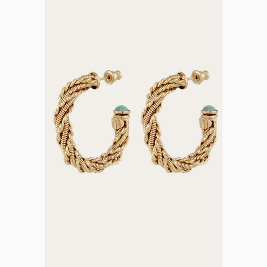 Pair of gold braided hoop earrings with turquoise cabochon accents on a white background