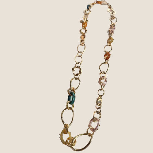 gold plated chain link necklace with coloured acetate links in between