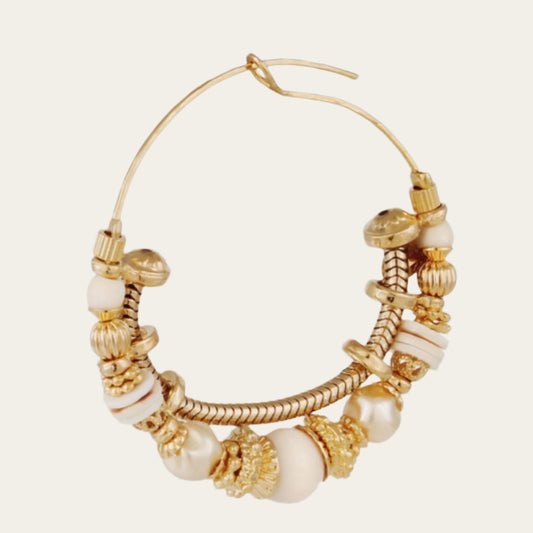 Gas Bijoux Comedia serti gold hoops, exquisite gold-plated earrings adorned with sparkling gemstones and golden beads.