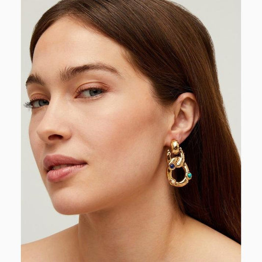French-designed gold-plated statement earrings with hammered links and fine stone cabochons in Lapis, Turquoise, and Mother-of-Pearl – modern, sculptural, elegant.