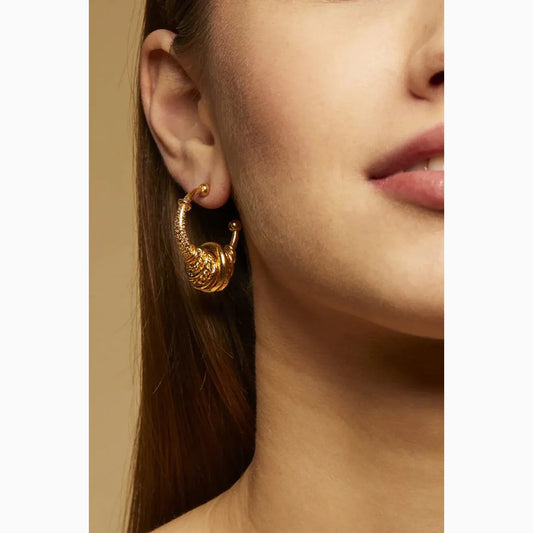 Gas Bijoux Maranzana earrings, gold plated hoops, on model available at The Artemis Edit