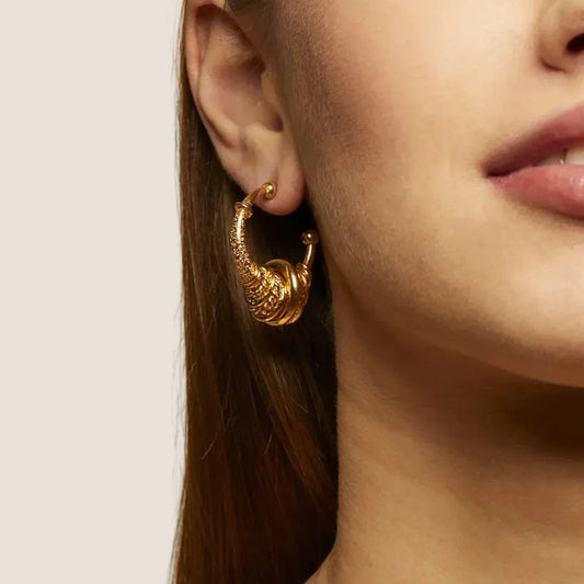 Gas Bijoux Maranzana earrings, gold plated hoops, on model available at The Artemis Edit