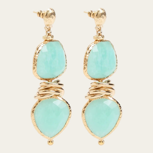 Drop earrings with gold and turquoise stones on a white background