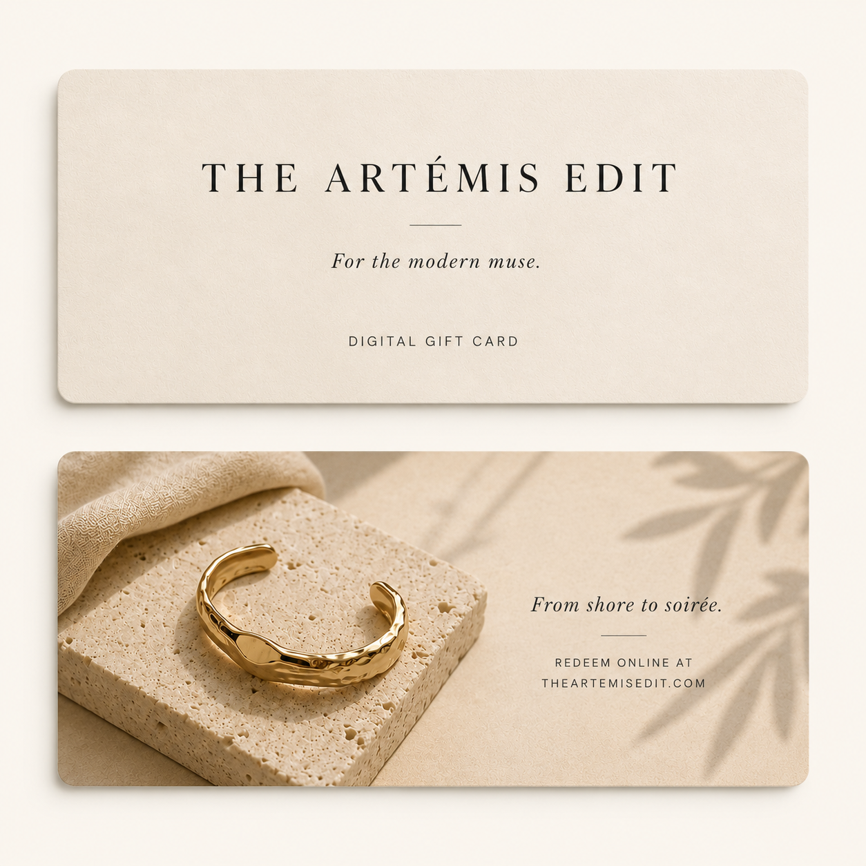Digital gift card for 'The Artémis Edit' with a gold bracelet on a beige background.