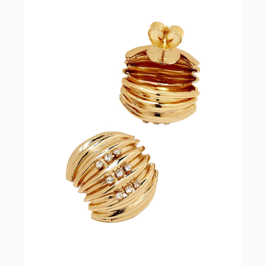 Gold earrings with a textured design on a white background