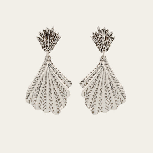 Pair of silver earrings with intricate designs on a white background