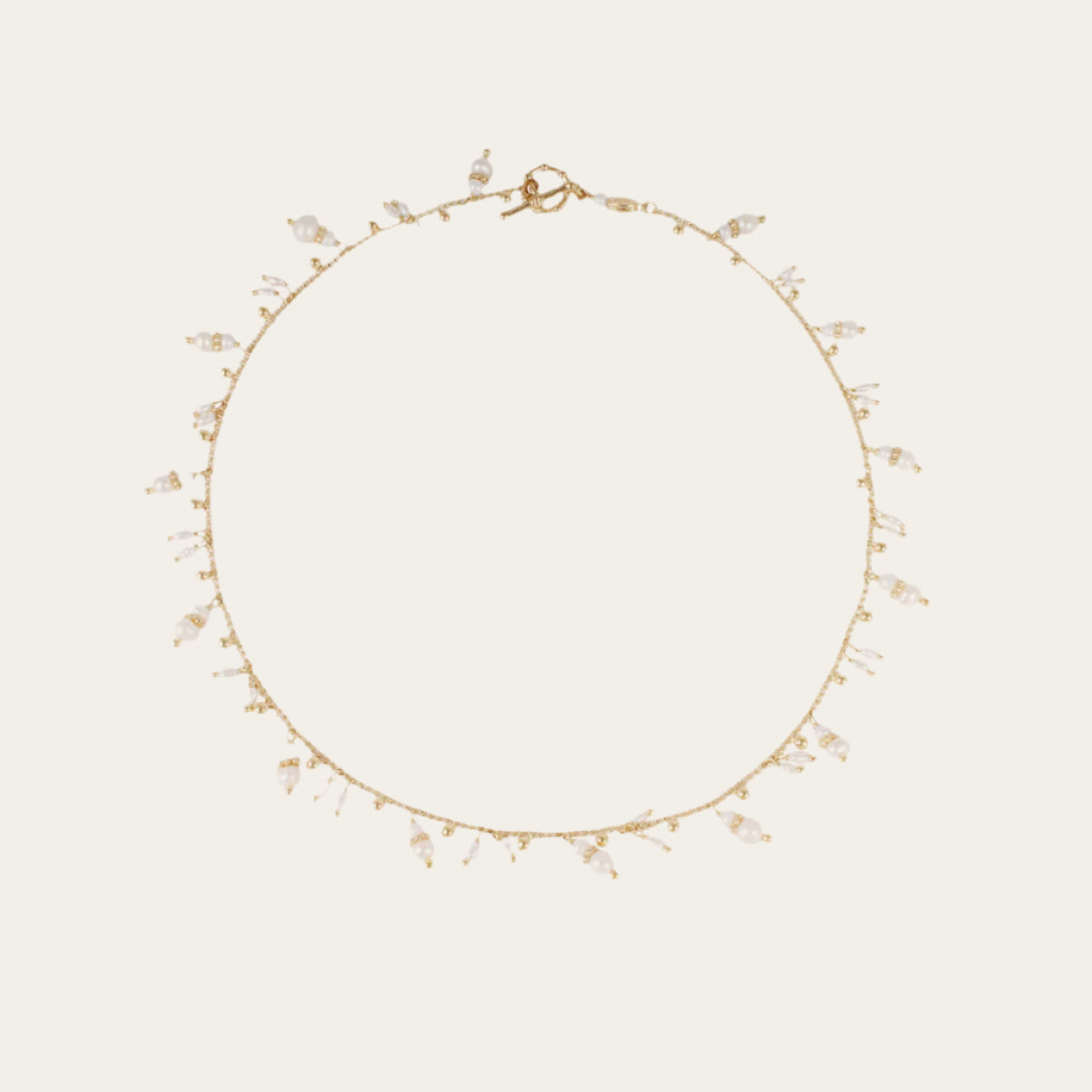 French-made gold-plated necklace with gemstones and white mother-of-pearls, 42 cm length