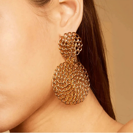 Gold round dangly chain earrings close up on an ear