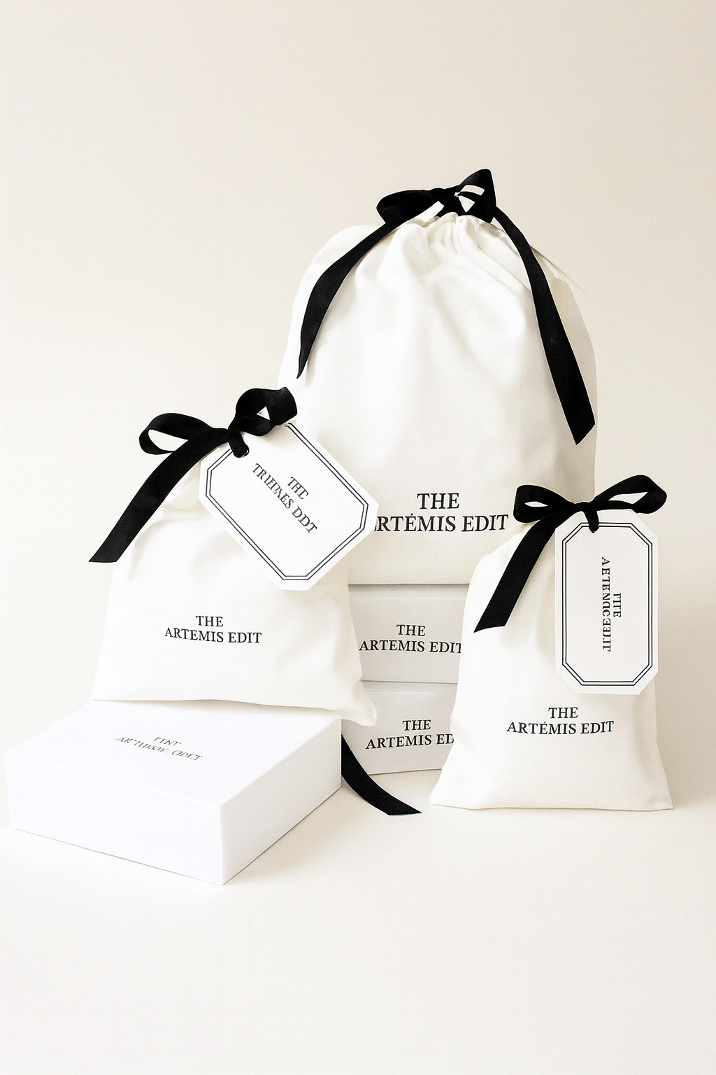 White and black gift bags with The Artemis Edit logo