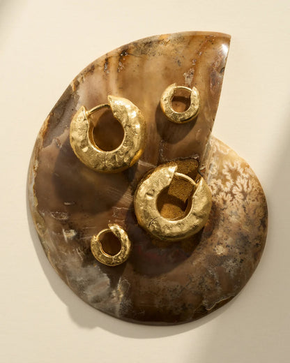 Agapee Anilla gold plated hoop earrings on textured surface