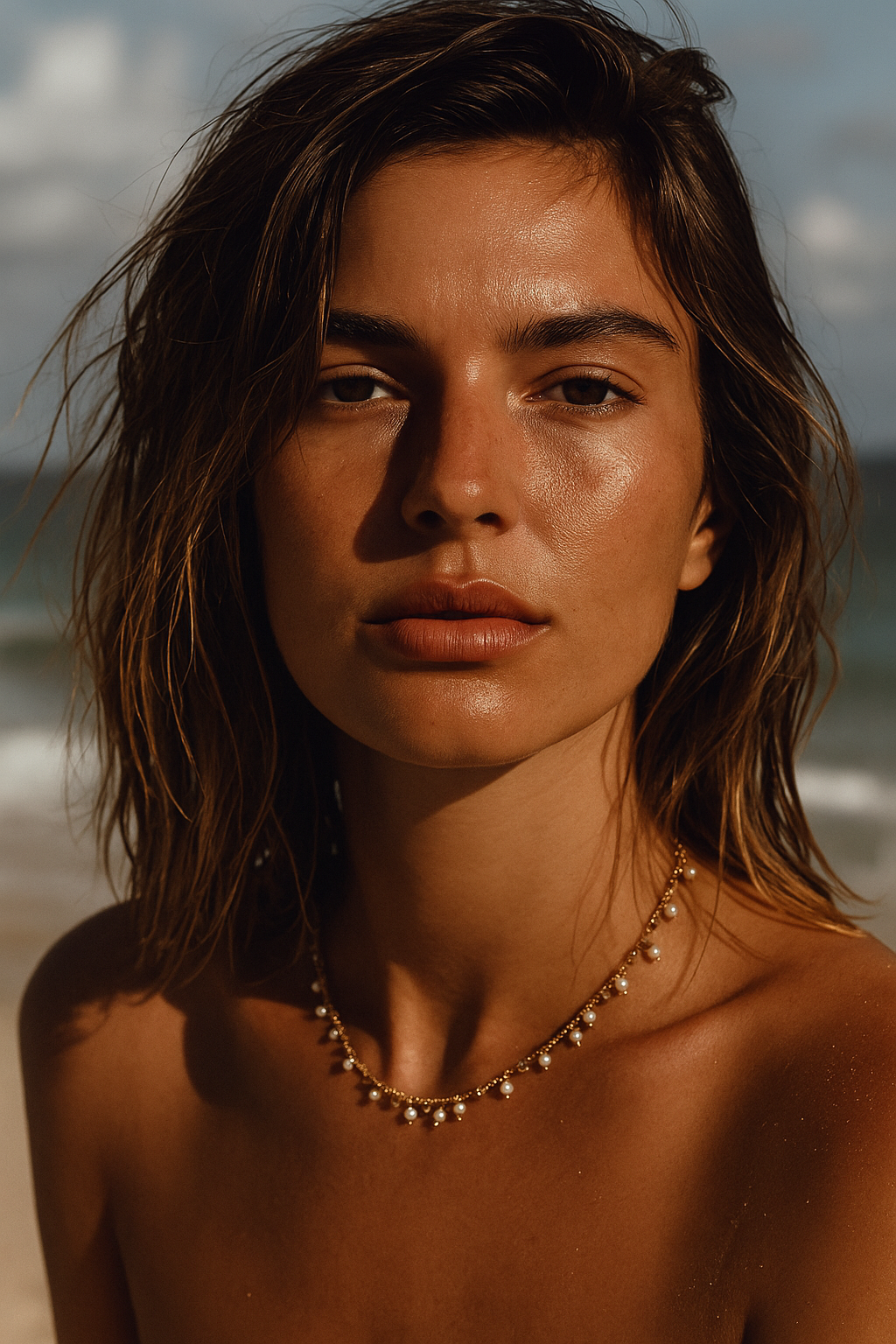 Woman with a gold and pearl necklace on a beach