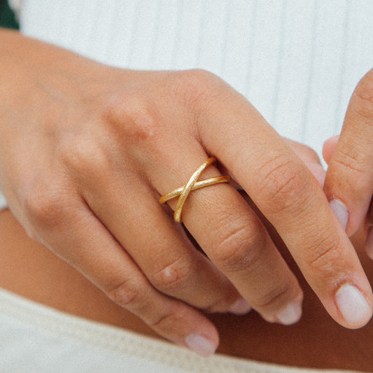 close up image of agapee alta gold plated ring on model hand 