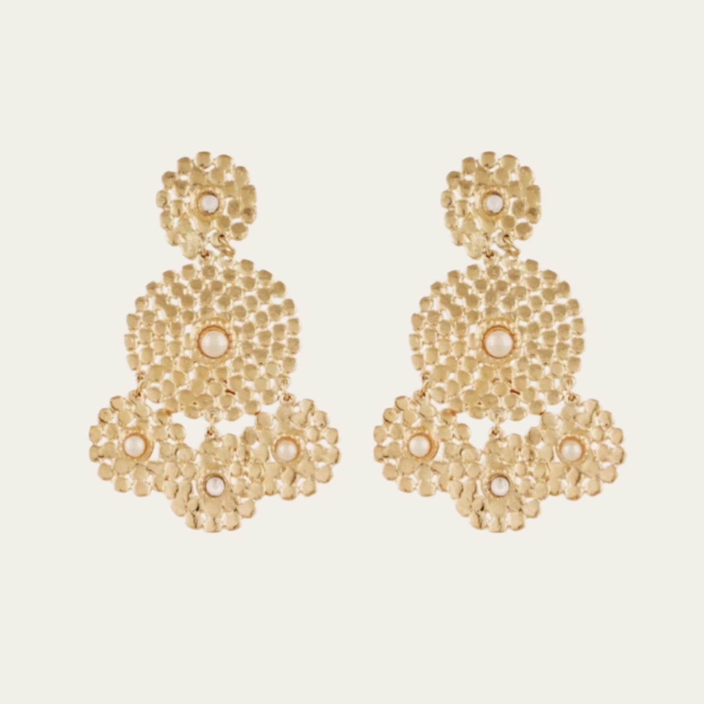 gold drop earrings with mother of pearl strass in centre on flat lay