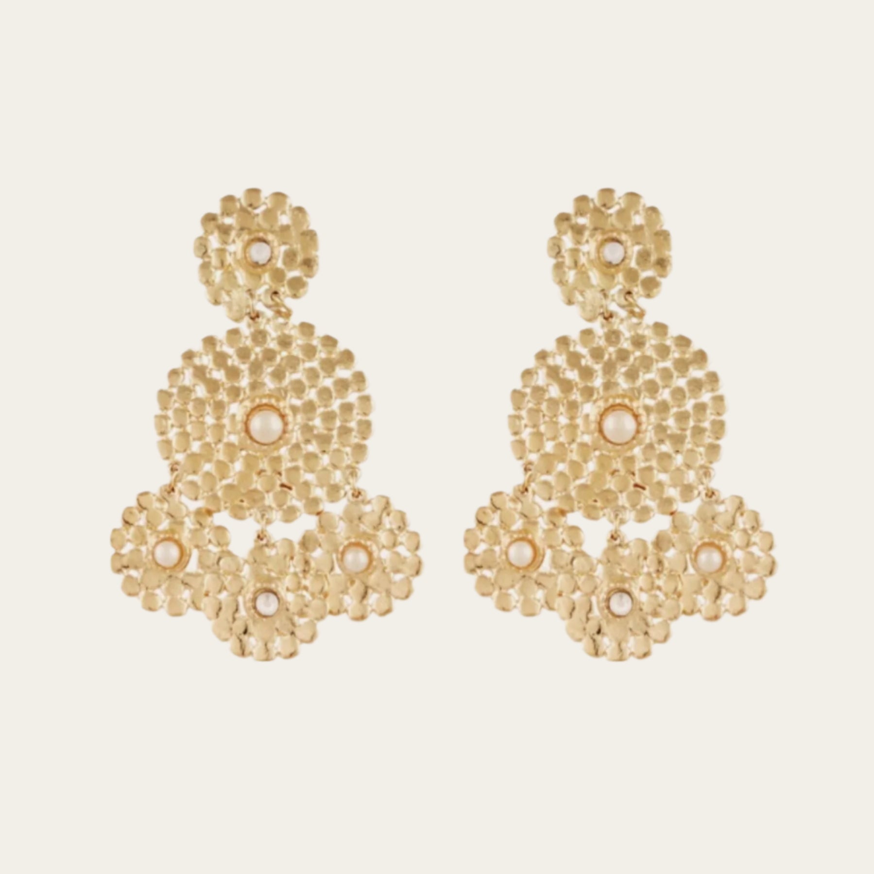 gold drop earrings with mother of pearl strass in centre on flat lay