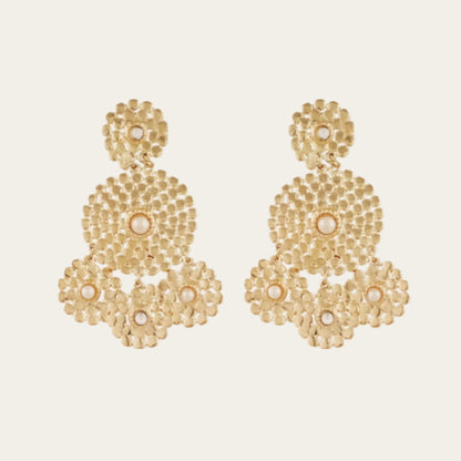 gold drop earrings with mother of pearl strass in centre on flat lay