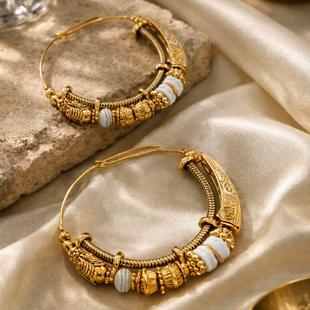 Gold hoop earrings with intricate designs on a beige fabric surface.