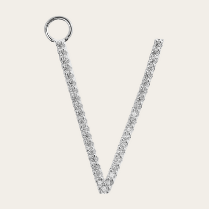 Silver necklace with a V-shaped design on a white background