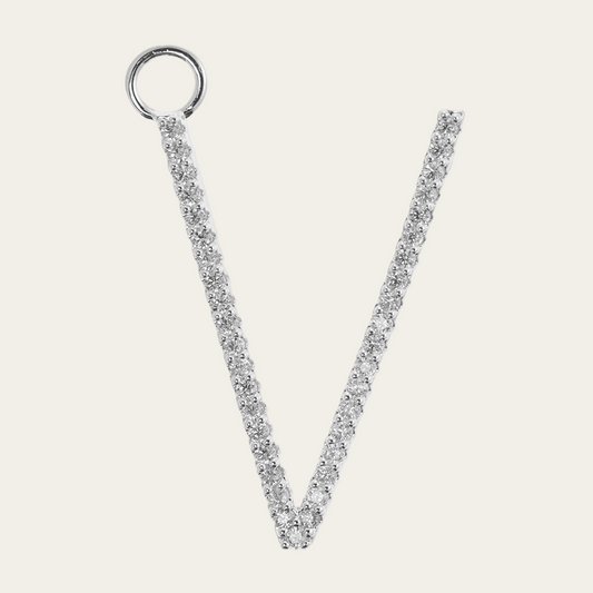 Silver necklace with a V-shaped design on a white background