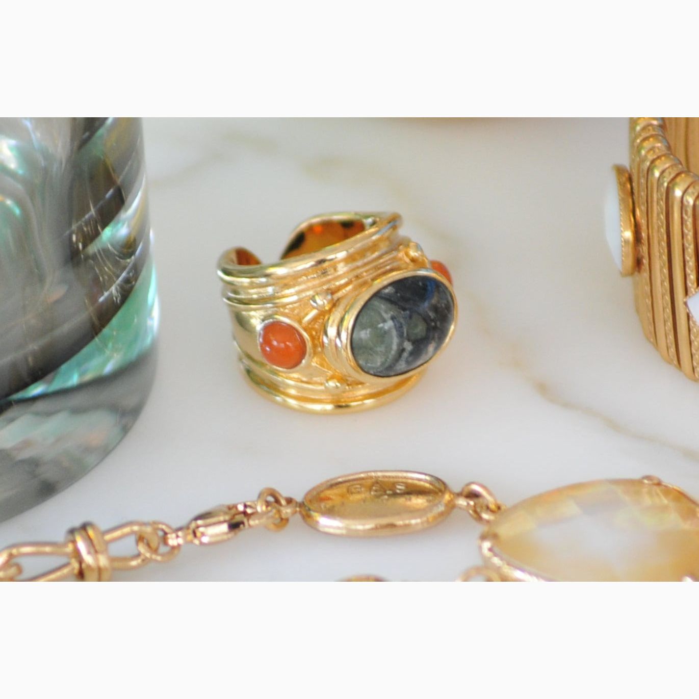 Gold chunky ring with green stone 