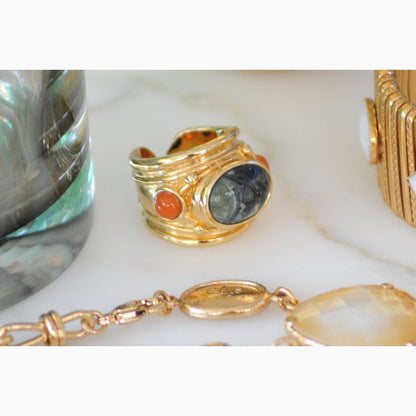 Gold chunky ring with green stone 