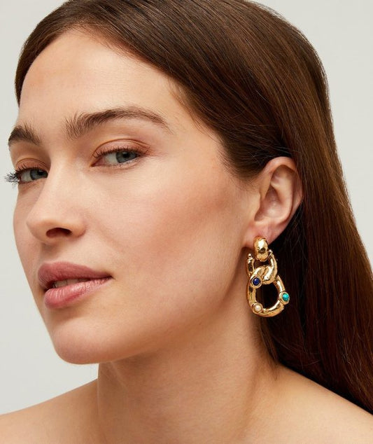 French-designed gold-plated statement earrings with hammered links and fine stone cabochons in Lapis, Turquoise, and Mother-of-Pearl – modern, sculptural, elegant.