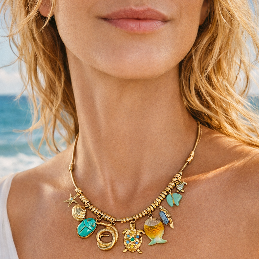 woman wearing gold necklace on beach with charms