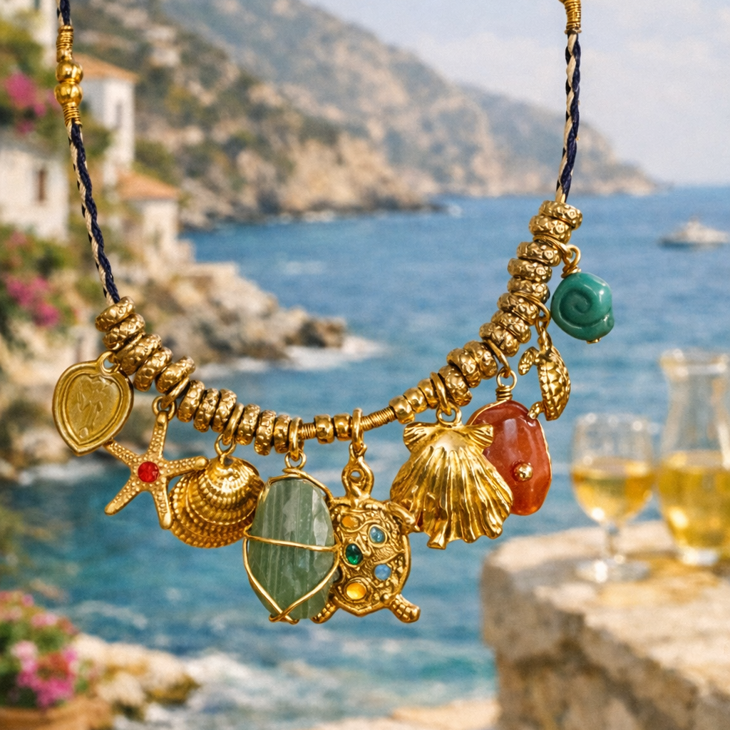 Necklace with charms in front of a scenic coastal view