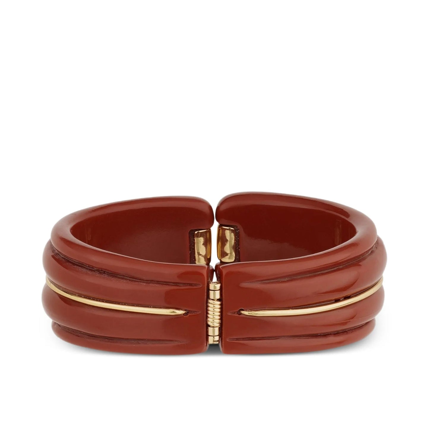 Brown bracelet with gold accents on a white background