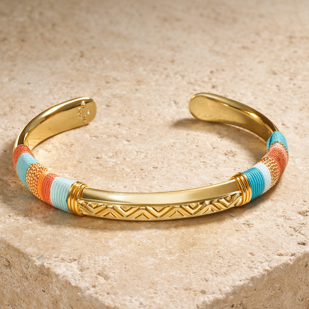 Gold bracelet with colorful accents on a beige stone surface