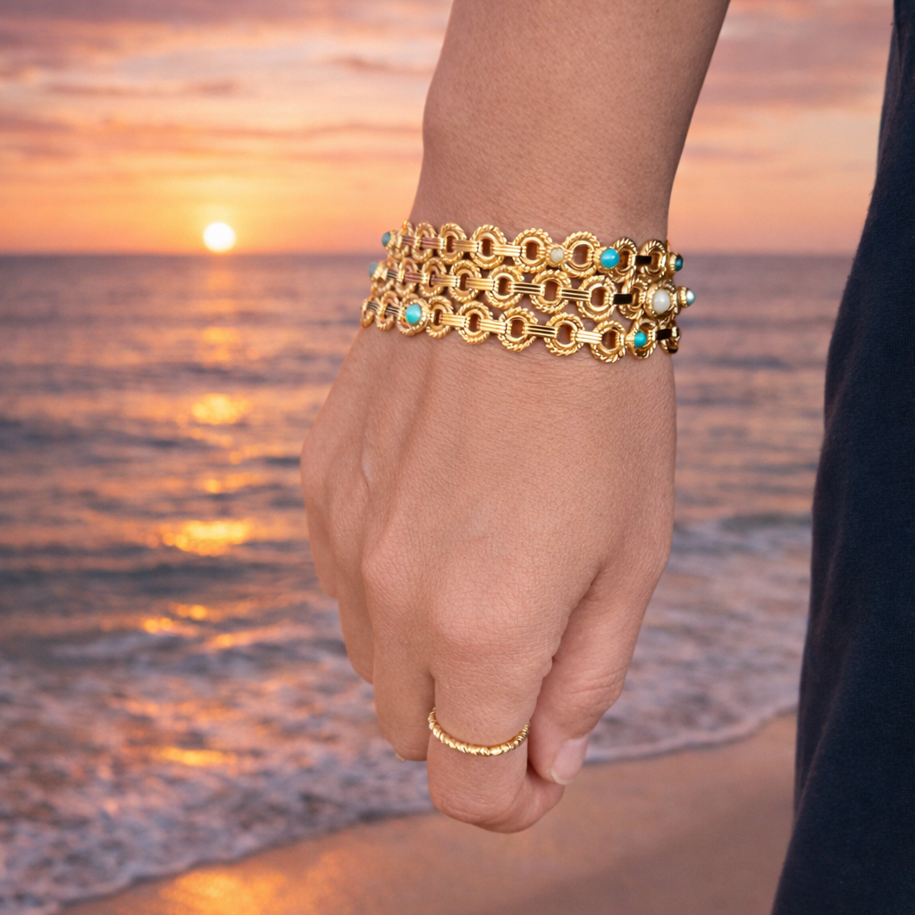 Hand wearing gold bracelets with a sunset over water background