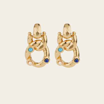 French-designed gold-plated statement earrings with hammered links and fine stone cabochons in Lapis, Turquoise, and Mother-of-Pearl – modern, sculptural, elegant.