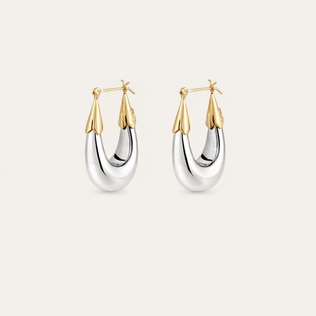 Pair of silver hoop earrings with gold accents on a white background