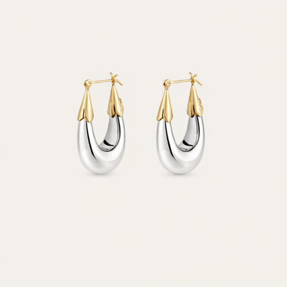 Pair of silver hoop earrings with gold accents on a white background