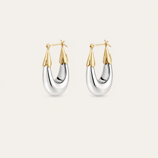 Pair of silver hoop earrings with gold accents on a white background