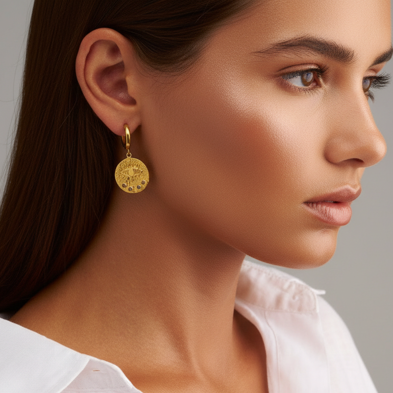 Gold earring worn by a person with a neutral background