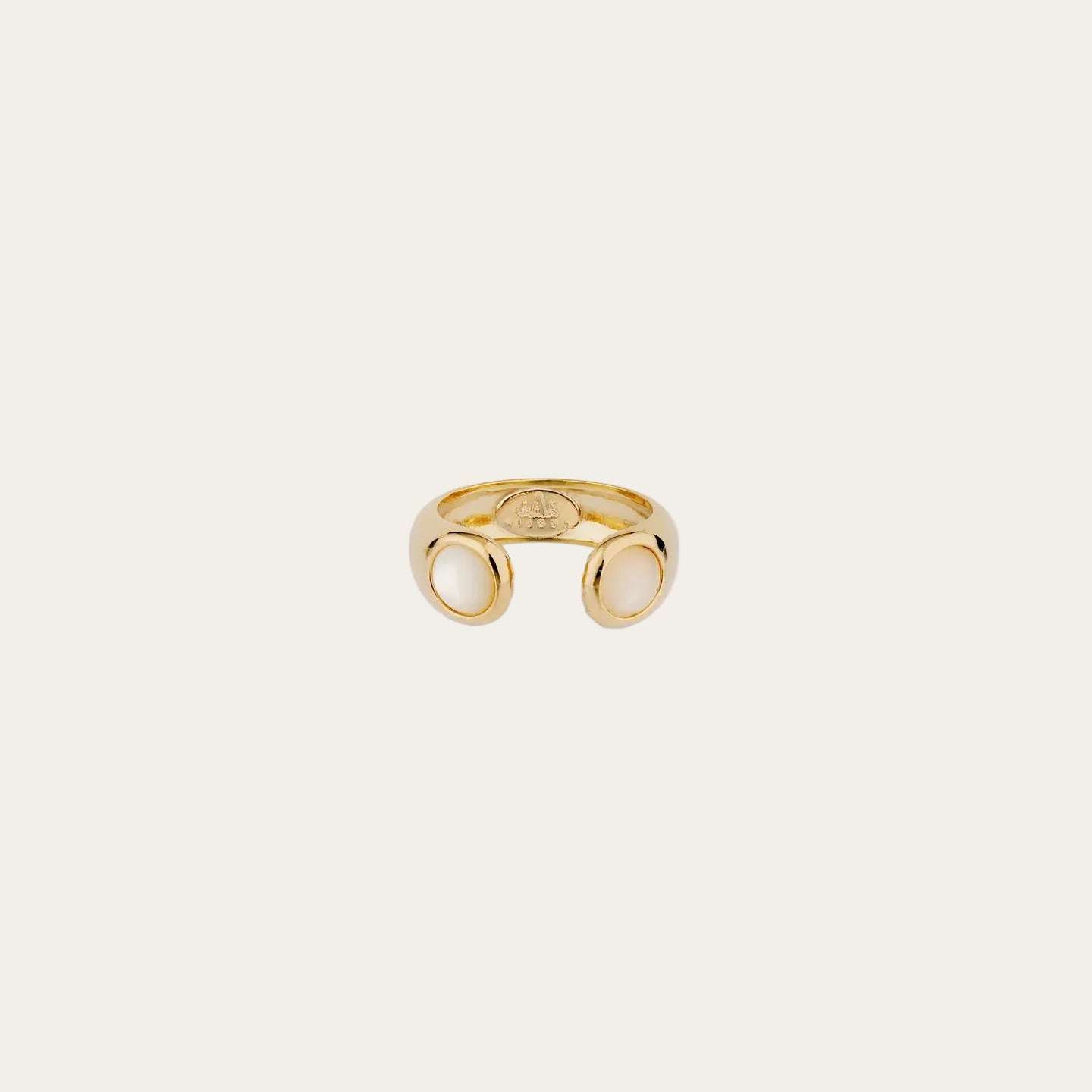 Gas Bijoux Saint Germain gold-plated open ring featuring two organic white mother-of-pearl stones, handcrafted in Marseille.
