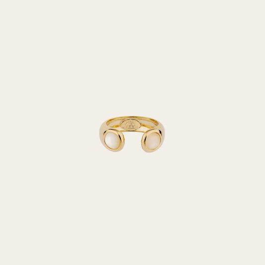 Gas Bijoux Saint Germain gold-plated open ring featuring two organic white mother-of-pearl stones, handcrafted in Marseille.
