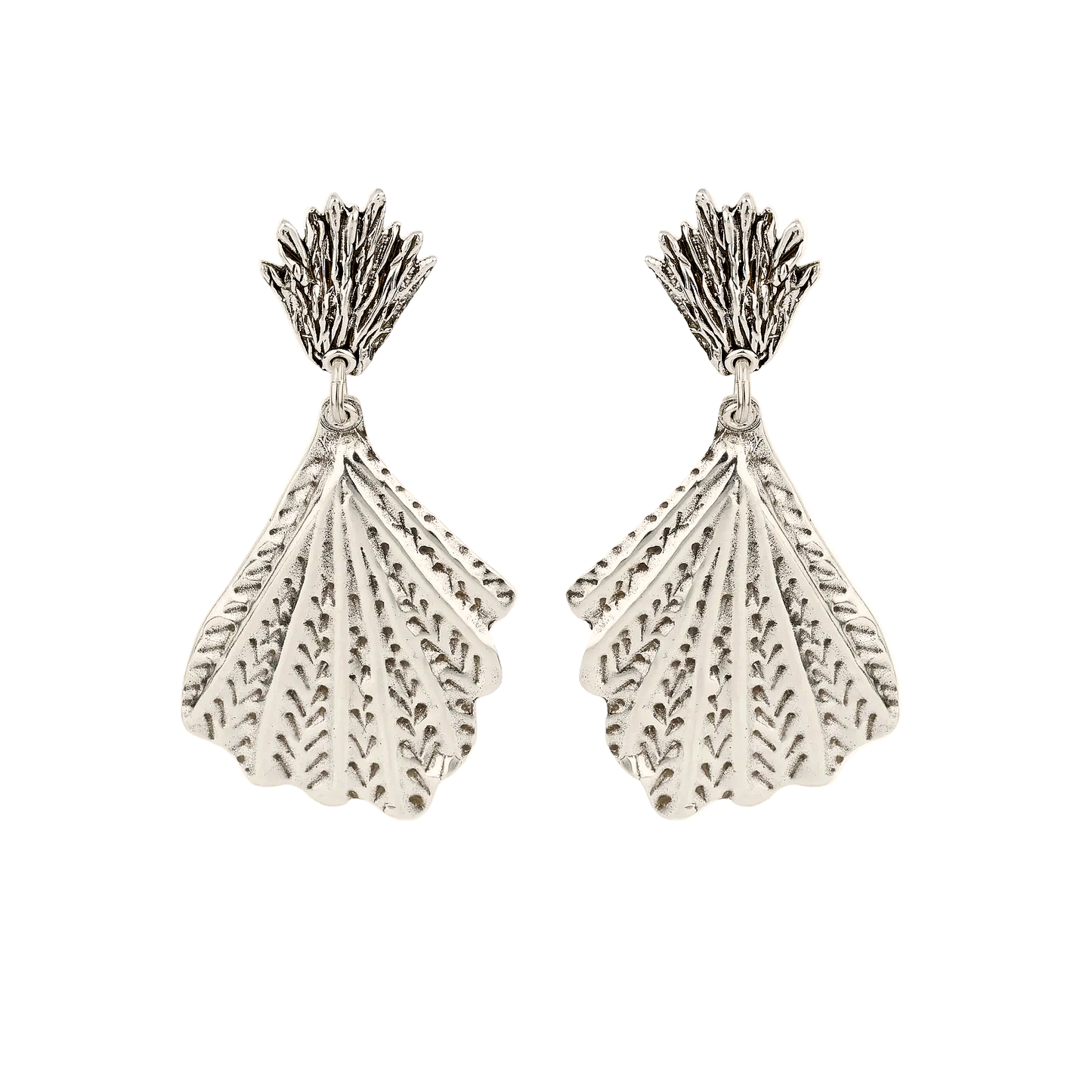 Pair of silver leaf-shaped earrings on a white background