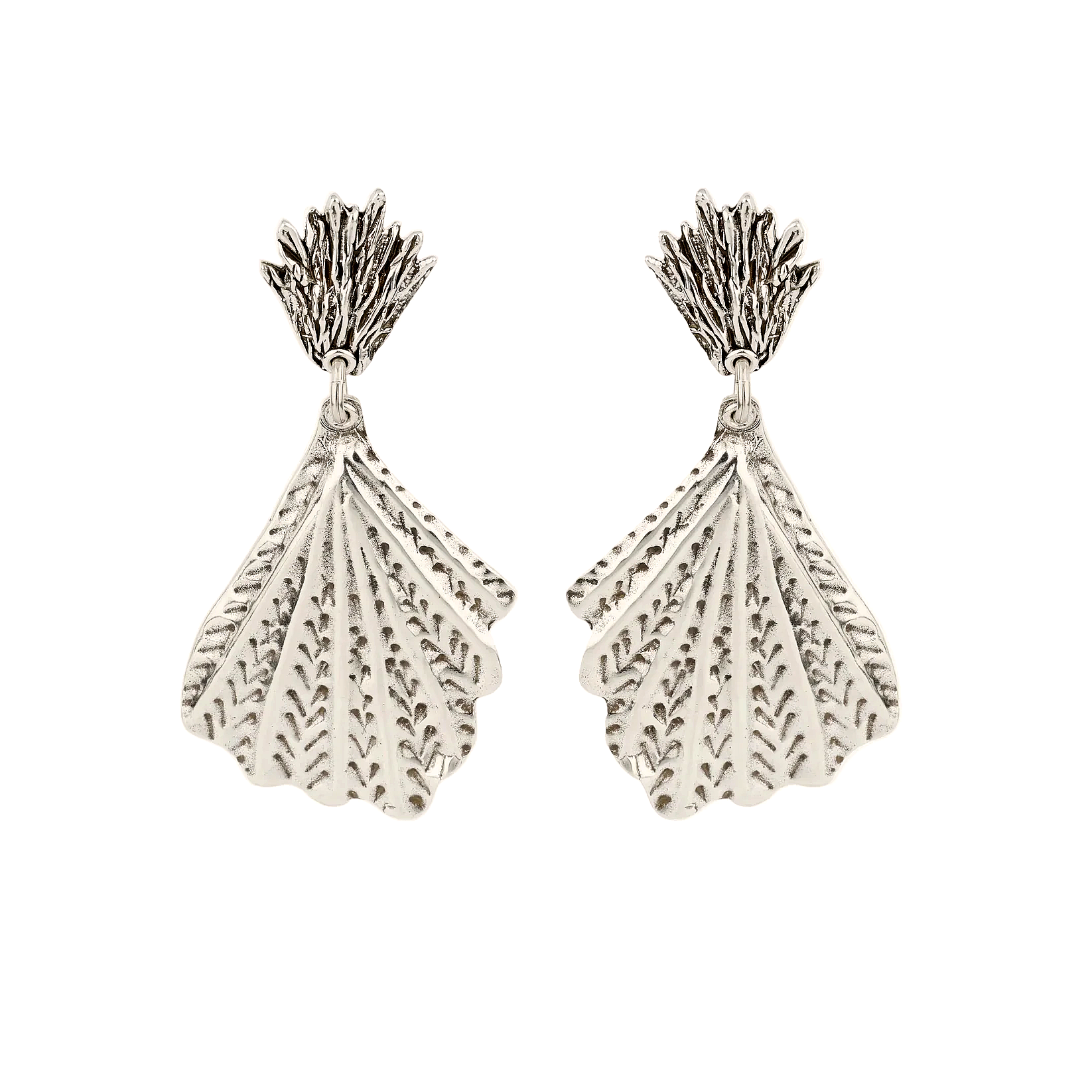 Pair of silver leaf-shaped earrings on a white background