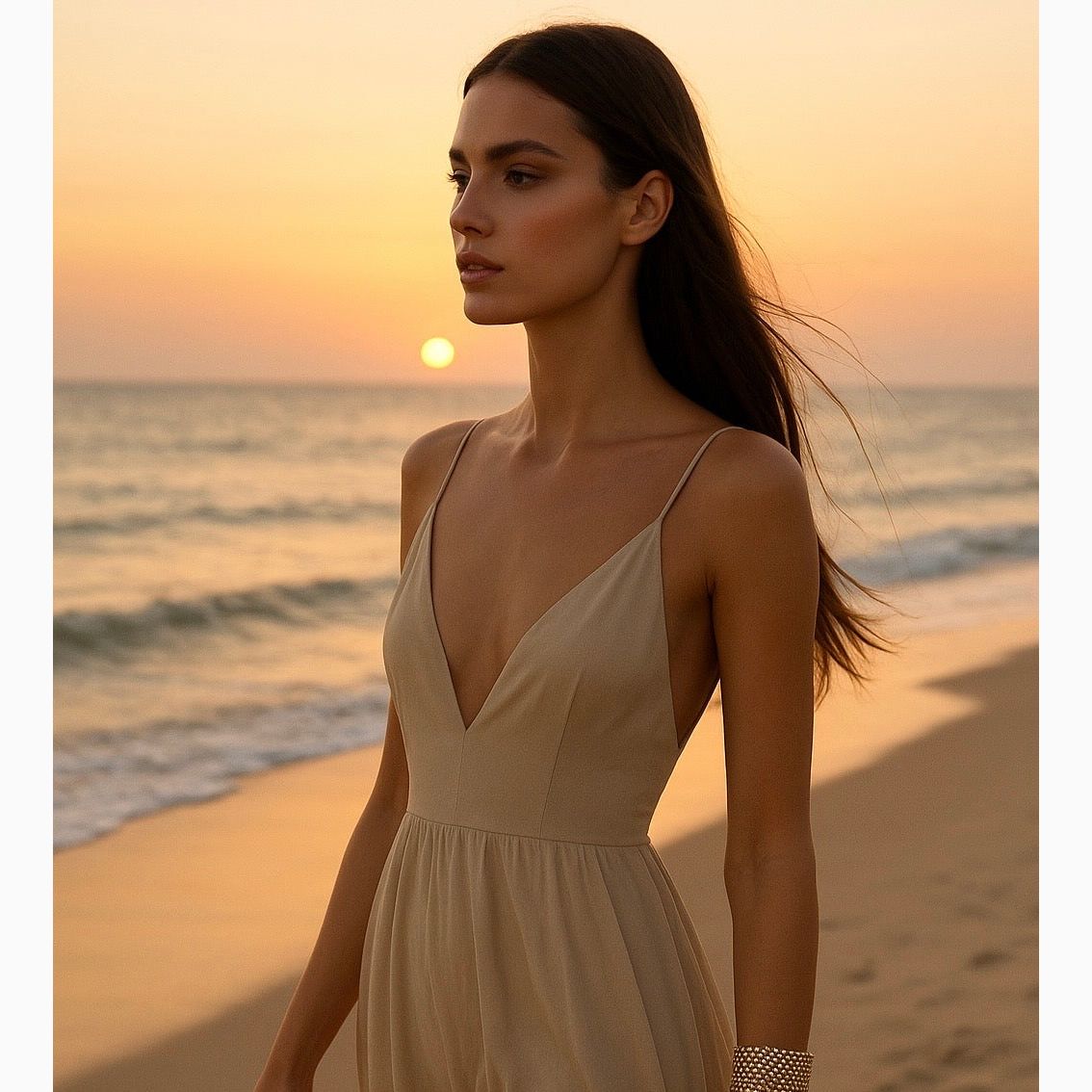 Woman in a beige dress standing on a beach at sunset wearing the chamira bracelet