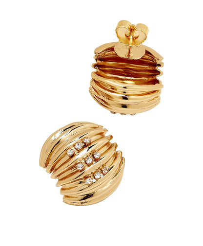Gold earrings with a textured design on a white background