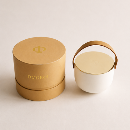 peach round box beside a white ceramic candle with gold lid and leather handle