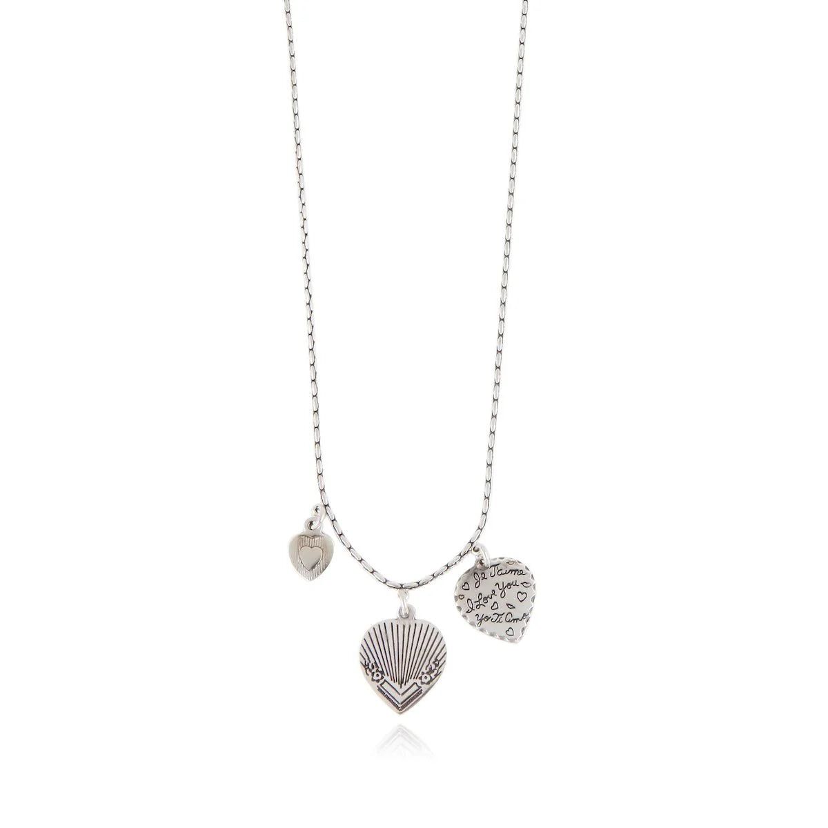 Silver necklace with heart-shaped pendant on a white background