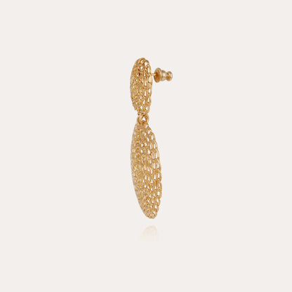 A single gold dangle earring with a textured, openwork mesh design, shown against a plain light beige background.