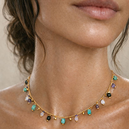 close up of gold and turquoise necklace on woman