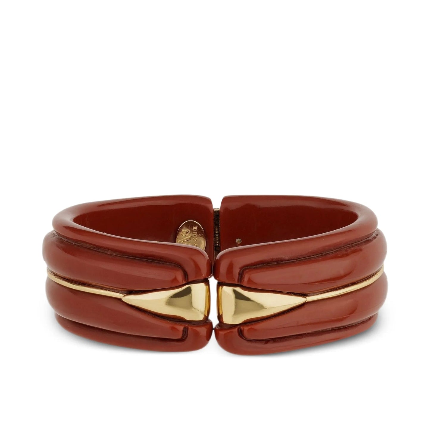 Brown bracelet with gold accents on a white background