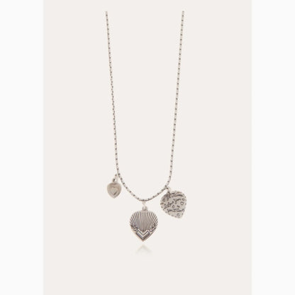 Necklace with heart-shaped and shell-shaped pendants on a white background