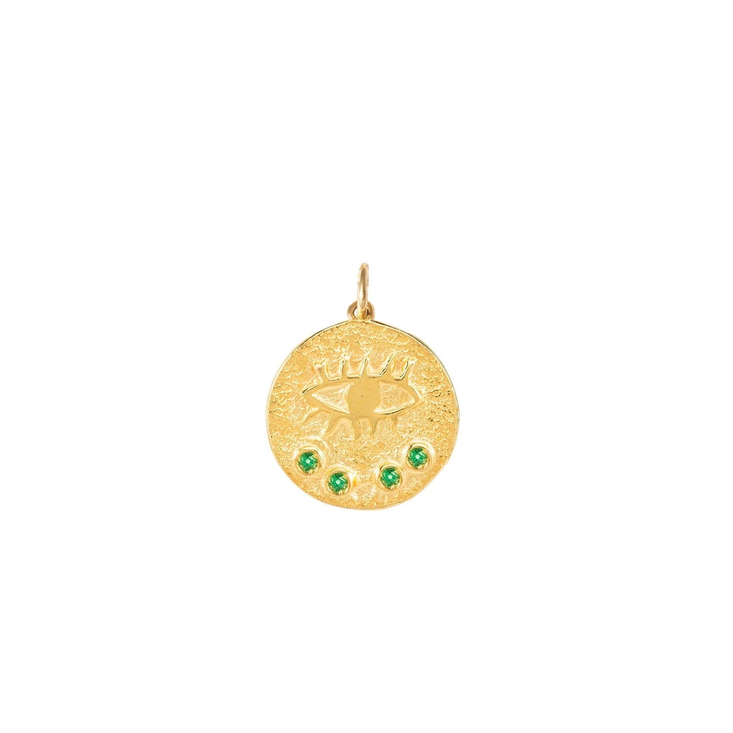 gold round charm with green stones on white background